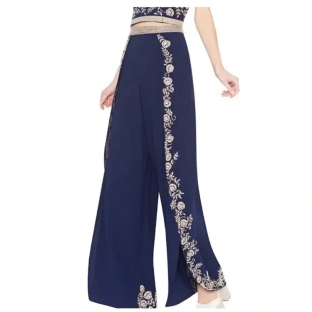 0262 Alice + Olivia Beaded Pearl Floral Wide Leg Pants Black Size 2 - Picture 1 of 7